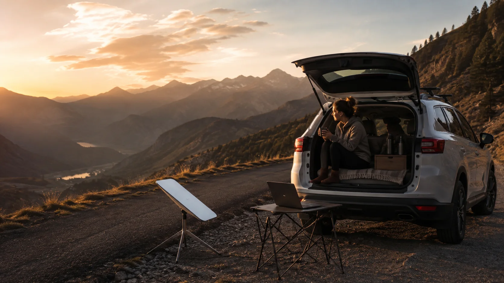 Eu Amo Rolê viajando de carro por uma estrada entre montanhas nevadas